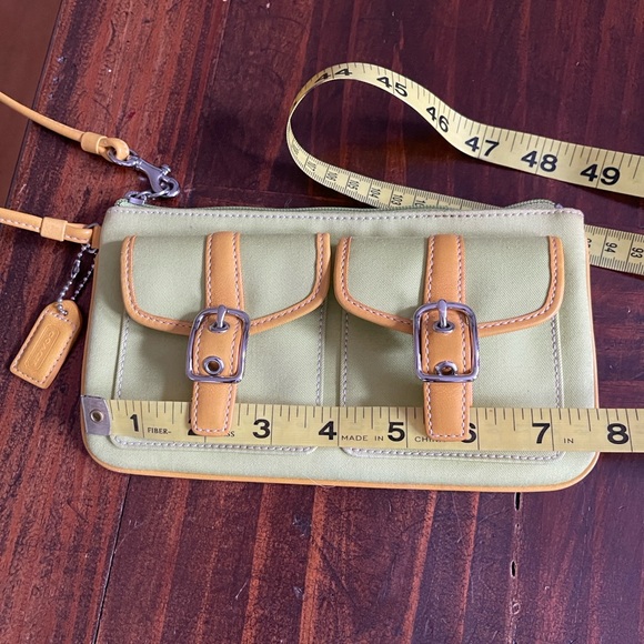 Coach Green Tan Zip Genuine Leather Wallet Wristlet Mini Purse with Coach Tag - Picture 7 of 10